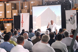 Richard Trethewey speaks at Viessmann open house.